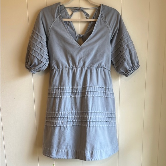 7 for All Mankind Blue Boho Babydoll Puff Sleeve Open Back Bow Mini Dress Sz S - Picture 2 of 13